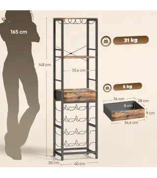 Mueble de Bar para Vinos con Soporte de Copas y Cajón Botellero para 12 Botellas con Estante Abierto Marrón Rústico
