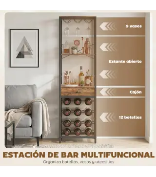 Mueble de Bar para Vinos con Soporte de Copas y Cajón Botellero para 12 Botellas con Estante Abierto Marrón Rústico