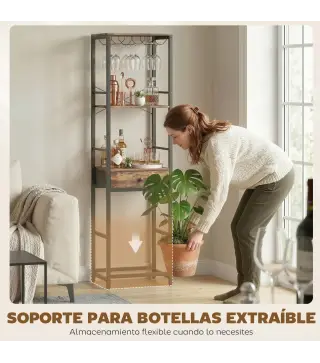 Mueble de Bar para Vinos con Soporte de Copas y Cajón Botellero para 12 Botellas con Estante Abierto Marrón Rústico