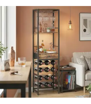 Mueble de Bar para Vinos con Soporte de Copas y Cajón Botellero para 12 Botellas con Estante Abierto Marrón Rústico