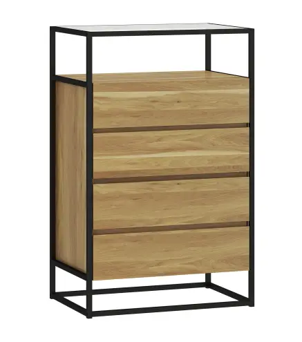Cómoda Dormitorio con 4 Cajones Superficie de Vidrio Templado Estante Abierto Estructura de Acero 60x40x94,5 cm Teca
