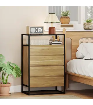 Cómoda Dormitorio con 4 Cajones Superficie de Vidrio Templado Estante Abierto Estructura de Acero 60x40x94,5 cm Teca