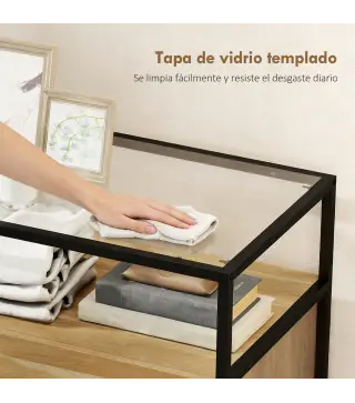 Cómoda Dormitorio con 4 Cajones Superficie de Vidrio Templado Estante Abierto Estructura de Acero 60x40x94,5 cm Teca