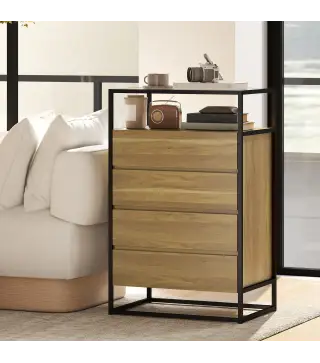 Cómoda Dormitorio con 4 Cajones Superficie de Vidrio Templado Estante Abierto Estructura de Acero 60x40x94,5 cm Teca