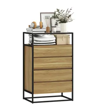 Cómoda Dormitorio con 4 Cajones Superficie de Vidrio Templado Estante Abierto Estructura de Acero 60x40x94,5 cm Teca