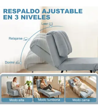 Sillón Cama Individual 3 en 1 Sofá Cama Plegable con Respaldo Ajustable y Cojín Grueso para Salón 72x88x87 cm Gris