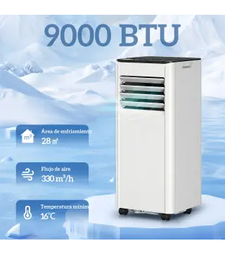Aire Acondicionado Portátil 9000 BTU 4 en 1 Enfriamiento Deshumidificador Ventilador Temporizador para 28 m² Blanco