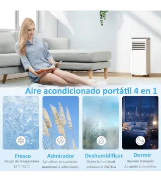 Aire Acondicionado Portátil 9000 BTU 4 en 1 Enfriamiento Deshumidificador Ventilador Temporizador para 28 m² Blanco