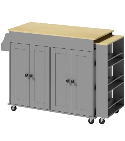 Isla de Cocina con Ruedas Encimera Extensible 4 Puertas Estantes Ajustables Especiero y Soporte para Toallas Gris