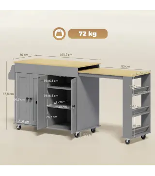 Isla de Cocina con Ruedas Encimera Extensible 4 Puertas Estantes Ajustables Especiero y Soporte para Toallas Gris