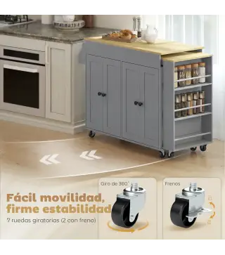 Isla de Cocina con Ruedas Encimera Extensible 4 Puertas Estantes Ajustables Especiero y Soporte para Toallas Gris