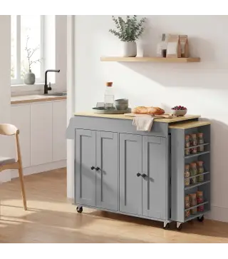 Isla de Cocina con Ruedas Encimera Extensible 4 Puertas Estantes Ajustables Especiero y Soporte para Toallas Gris