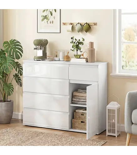 Aparador de Salón con 5 Cajones Estantes Ajustables Puerta de Cierre Suave 100x40x80 cm Blanco Brillo