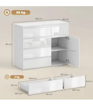 Aparador de Salón con 5 Cajones Estantes Ajustables Puerta de Cierre Suave 100x40x80 cm Blanco Brillo