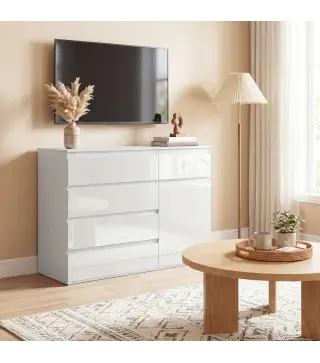 Aparador de Salón con 5 Cajones Estantes Ajustables Puerta de Cierre Suave 100x40x80 cm Blanco Brillo