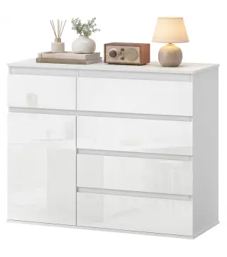 Aparador de Salón con 5 Cajones Estantes Ajustables Puerta de Cierre Suave 100x40x80 cm Blanco Brillo