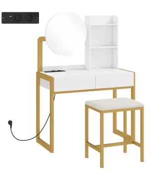 Tocador de Maquillaje con Espejo y Taburete Acolchado Estación de Carga 2 Cajones 3 Estantes para Dormitorio Blanco