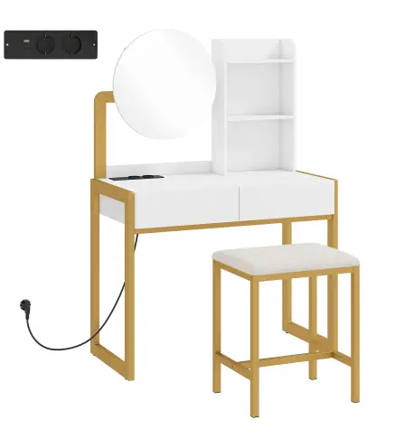 Tocador de Maquillaje con Espejo y Taburete Acolchado Estación de Carga 2 Cajones 3 Estantes para Dormitorio Blanco