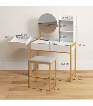 Tocador de Maquillaje con Espejo y Taburete Acolchado Estación de Carga 2 Cajones 3 Estantes para Dormitorio Blanco