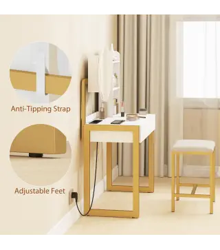 Tocador de Maquillaje con Espejo y Taburete Acolchado Estación de Carga 2 Cajones 3 Estantes para Dormitorio Blanco