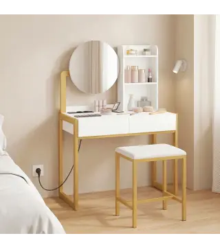 Tocador de Maquillaje con Espejo y Taburete Acolchado Estación de Carga 2 Cajones 3 Estantes para Dormitorio Blanco