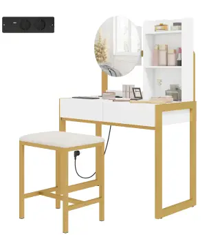 Tocador de Maquillaje con Espejo y Taburete Acolchado Estación de Carga 2 Cajones 3 Estantes para Dormitorio Blanco