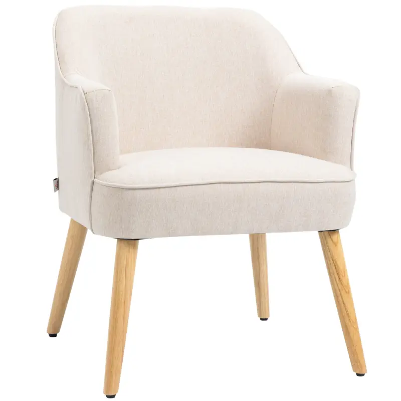 Butaca de Salón Moderna Sillón Tapizado en Lino Sintético Patas de Madera para Dormitorio Oficina 64,5x65x79,5 cm Crema