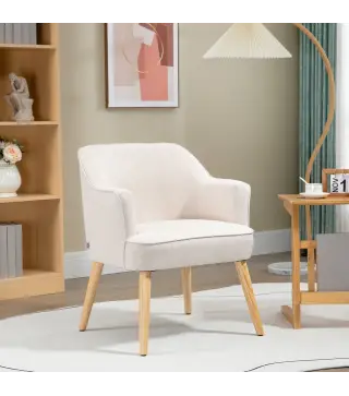 Butaca de Salón Moderna Sillón Tapizado en Lino Sintético Patas de Madera para Dormitorio Oficina 64,5x65x79,5 cm Crema
