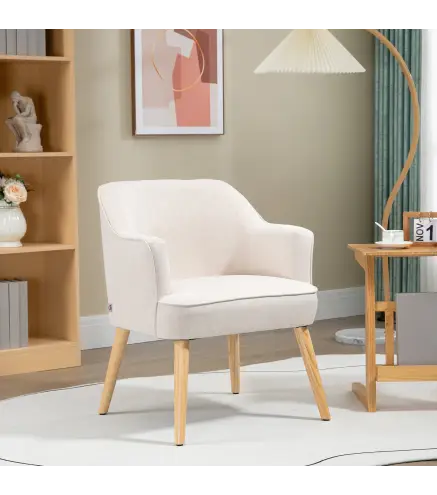 Butaca de Salón Moderna Sillón Tapizado en Lino Sintético Patas de Madera para Dormitorio Oficina 64,5x65x79,5 cm Crema