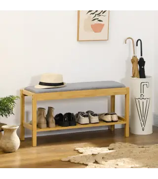 Banco Zapatero de Bambú Zapatero con Asiento Tapizado para 3 Pares de Zapatos con Estante de Listones 90x30x46cm Natural