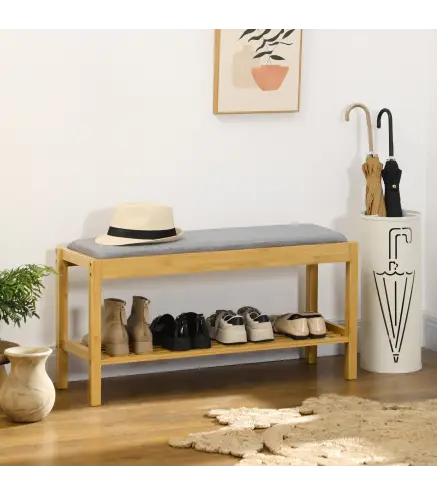 Banco Zapatero de Bambú Zapatero con Asiento Tapizado para 3 Pares de Zapatos con Estante de Listones 90x30x46cm Natural