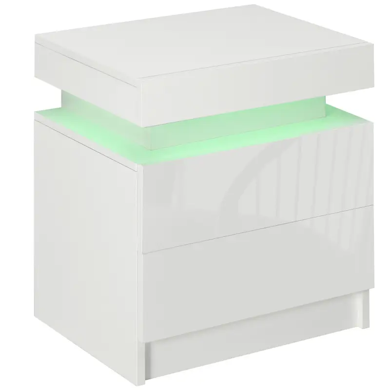 Mesita de Noche Blanca con Luz LED Mesita Decorativa con 2 Cajones y Mando a Distancia 45x35x52 cm Blanco