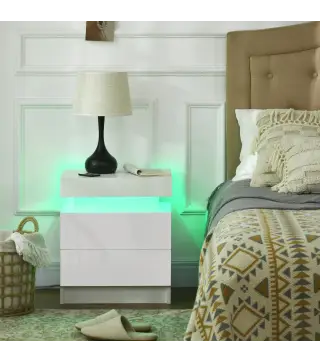 Mesita de Noche Blanca con Luz LED Mesita Decorativa con 2 Cajones y Mando a Distancia 45x35x52 cm Blanco