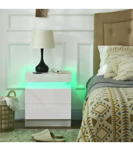 Mesita de Noche Blanca con Luz LED Mesita Decorativa con 2 Cajones y Mando a Distancia 45x35x52 cm Blanco