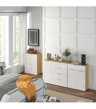 Cómoda con 4 Cajones de Alto Brillo Cajonera de Madera para Dormitorio Salón Oficina 70x35x92 cm Blanco y Natural