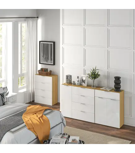 Cómoda con 4 Cajones de Alto Brillo Cajonera de Madera para Dormitorio Salón Oficina 70x35x92 cm Blanco y Natural