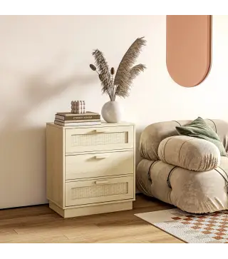 Cómoda con 3 Cajones de Rejilla de Ratán Cajonera de Madera para Dormitorio Estilo Cannage Bohemio 60x38x69 cm Natural