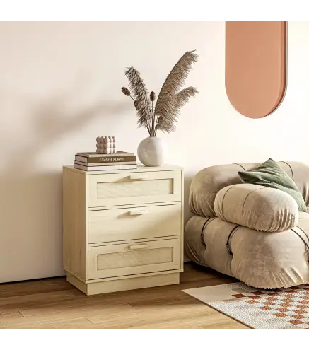Cómoda con 3 Cajones de Rejilla de Ratán Cajonera de Madera para Dormitorio Estilo Cannage Bohemio 60x38x69 cm Natural