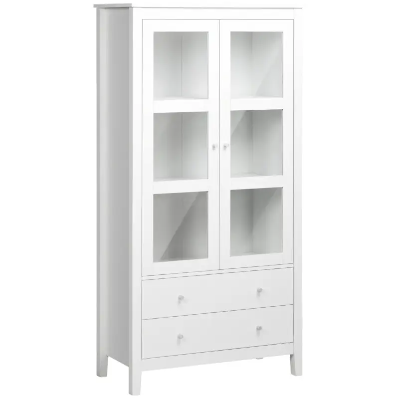 Vitrina de Salón Aparador de Cocina con 2 Puertas de Vidrio 3 Estantes 2 Cajones para Comedor Oficina 80x40x160cm Blanco