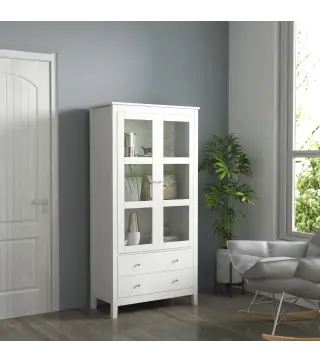Vitrina de Salón Aparador de Cocina con 2 Puertas de Vidrio 3 Estantes 2 Cajones para Comedor Oficina 80x40x160cm Blanco