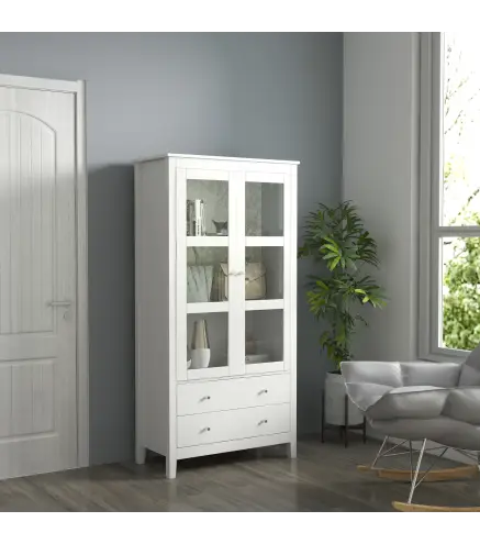 Vitrina de Salón Aparador de Cocina con 2 Puertas de Vidrio 3 Estantes 2 Cajones para Comedor Oficina 80x40x160cm Blanco