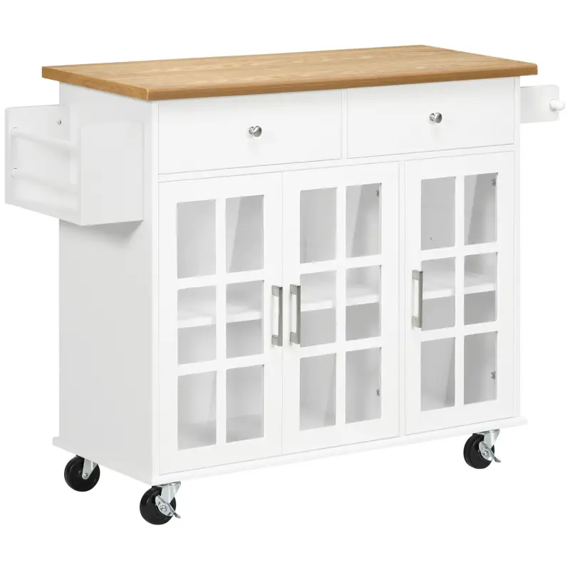Carro de Cocina con Ruedas Isla de Cocina con 2 Cajones 3 Puertas de Vidrio Templado Toallero 124,5x39,5x90 cm Blanco Carro de Cocina con Ruedas Isla de Cocina con 2 Cajones 3 Puertas de Vidrio Templado Toallero 124,5x39,5x90 cm Blanco