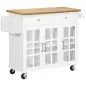 Carro de Cocina con Ruedas Isla de Cocina con 2 Cajones 3 Puertas de Vidrio Templado Toallero 124,5x39,5x90 cm Blanco