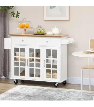 Carro de Cocina con Ruedas Isla de Cocina con 2 Cajones 3 Puertas de Vidrio Templado Toallero 124,5x39,5x90 cm Blanco
