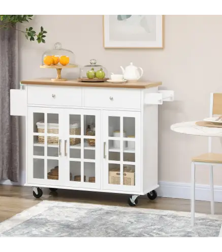 Carro de Cocina con Ruedas Isla de Cocina con 2 Cajones 3 Puertas de Vidrio Templado Toallero 124,5x39,5x90 cm Blanco