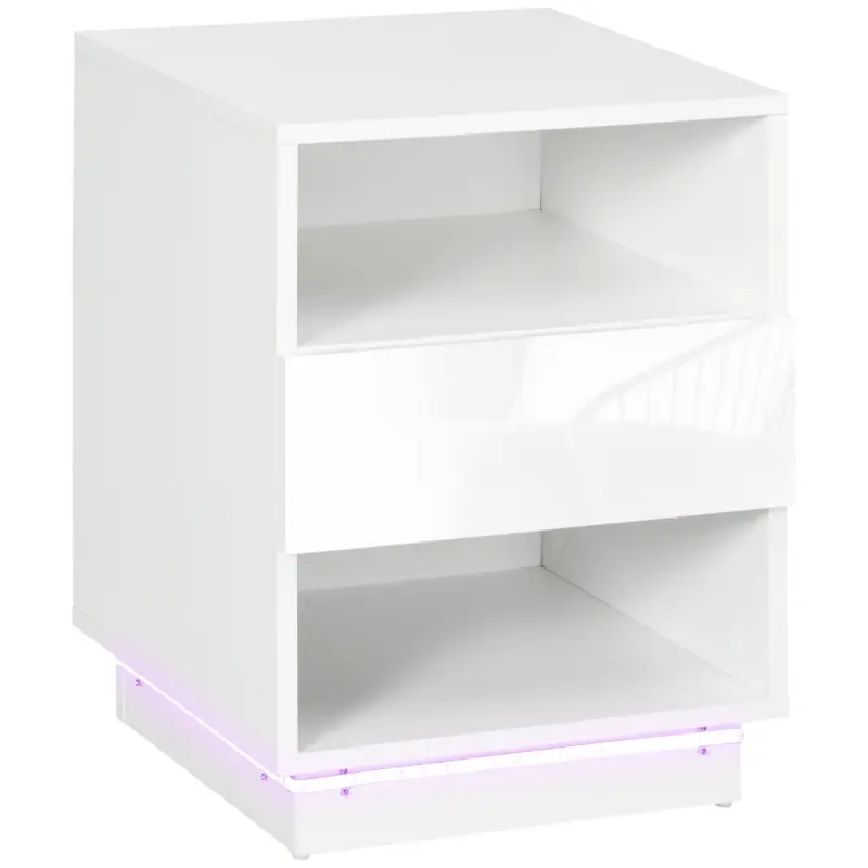 Mesita de Noche con Luz LED Mesilla de Noche con Mando a Distancia Cajón de Alto Brillo y 2 Estantes 40x40x55 cm Blanco Mesita de Noche con Luz LED Mesilla de Noche con Mando a Distancia Cajón de Alto Brillo y 2 Estantes 40x40x55 cm Blanco