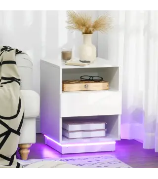 Mesita de Noche con Luz LED Mesilla de Noche con Mando a Distancia Cajón de Alto Brillo y 2 Estantes 40x40x55 cm Blanco