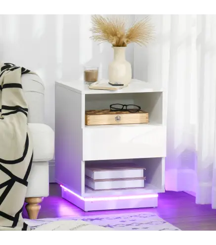 Mesita de Noche con Luz LED Mesilla de Noche con Mando a Distancia Cajón de Alto Brillo y 2 Estantes 40x40x55 cm Blanco