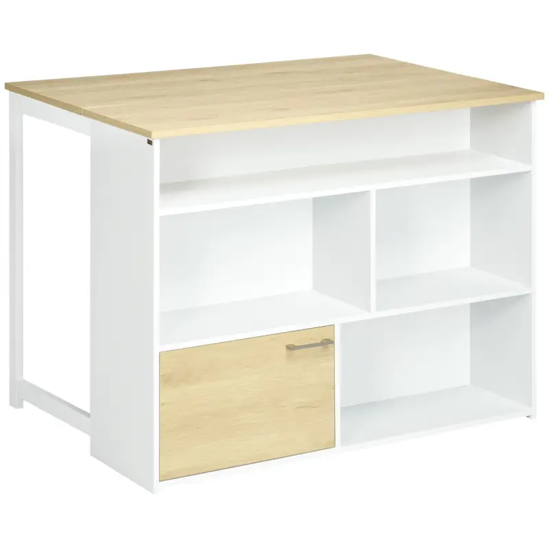 Isla de Cocina con Ala Abatible Mesa de Bar Alta con Múltiples Compartimentos 116x79,5x91 cm Blanco