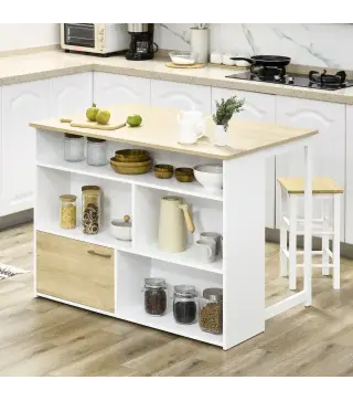 Isla de Cocina con Ala Abatible Mesa de Bar Alta con Múltiples Compartimentos 116x79,5x91 cm Blanco